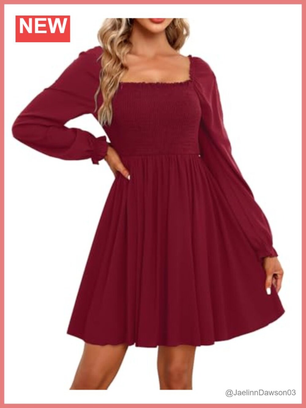 Smocked Square Neck Flowy A-Line Mini Dress Long Sleeve Casual